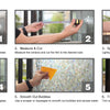 A six-step guide showing how to measure, cut, and apply 3D rainbow privacy window film to glass.