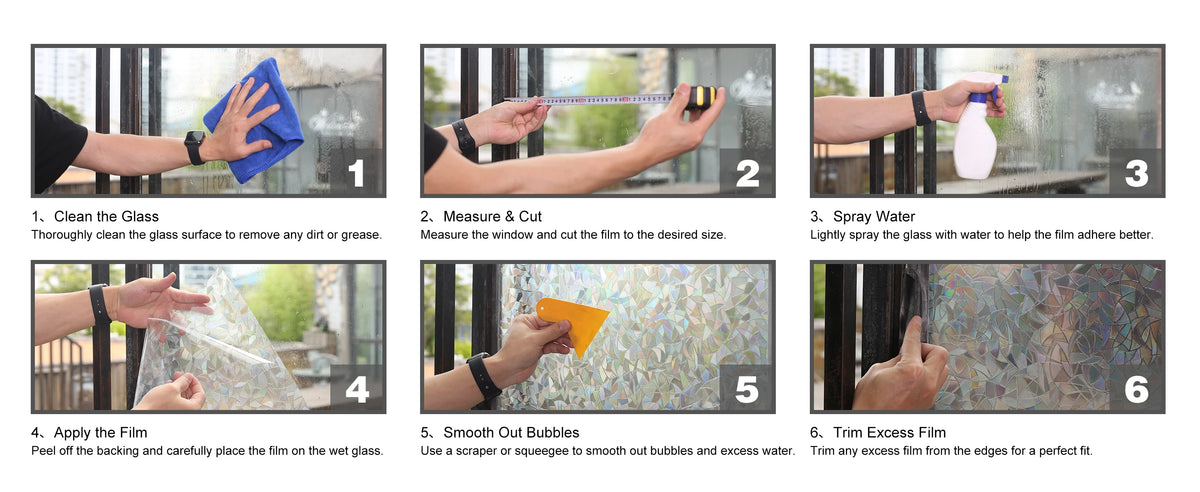 A six-step guide showing how to measure, cut, and apply 3D rainbow privacy window film to glass.