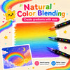 A set of acrylic paint pens demonstrating natural color blending to create a rainbow gradient effect on paper.