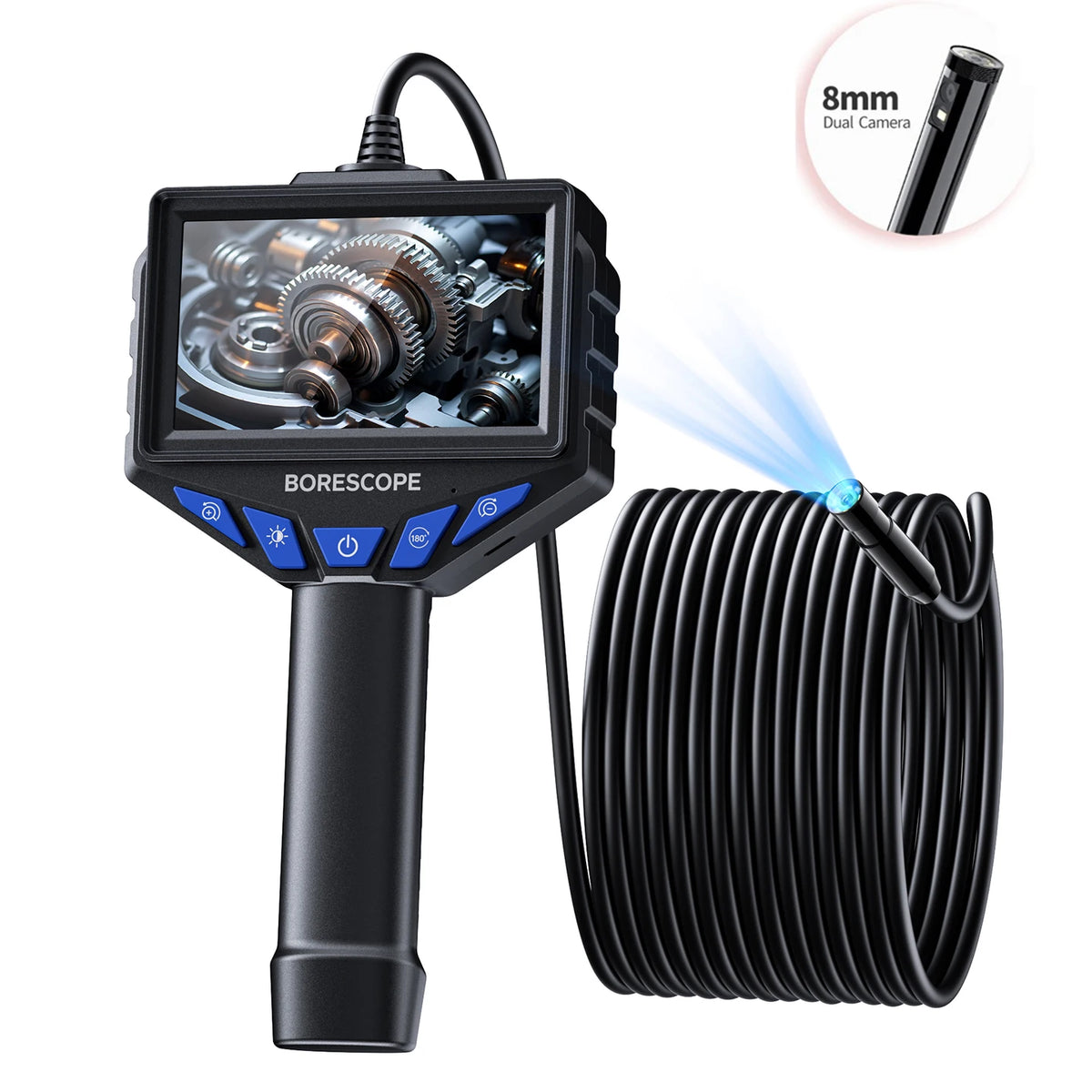 A black industrial borescope device with a camera probe and a coiled cable is shown.