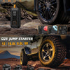 Portable car jump starter device showing various sizes of battery packs and a large tire.
