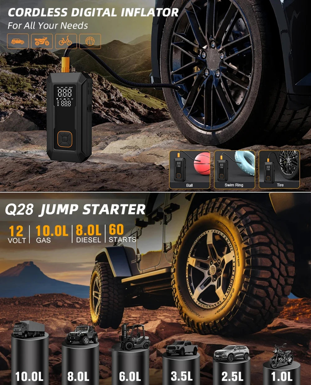 Portable car jump starter device showing various sizes of battery packs and a large tire.