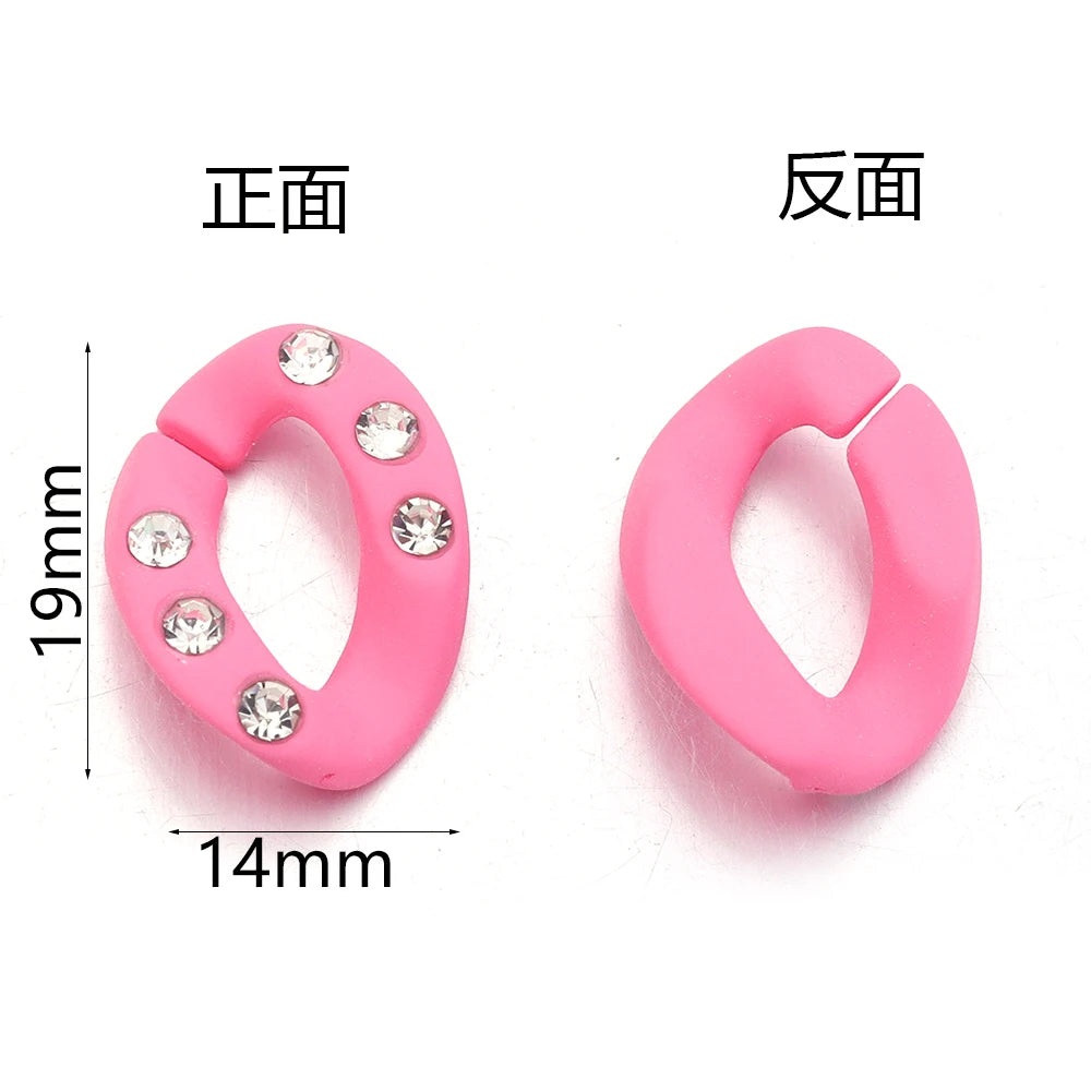 Pink acrylic jewelry connector clasps with crystal accents shown from the front and back views