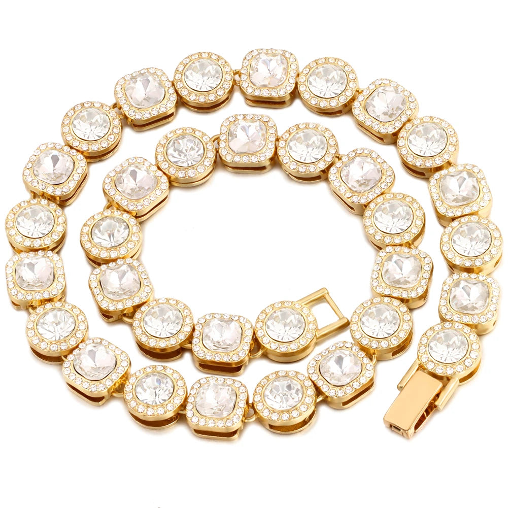 Chaîne de tennis en strass ton or avec des pierres rondes et carrées