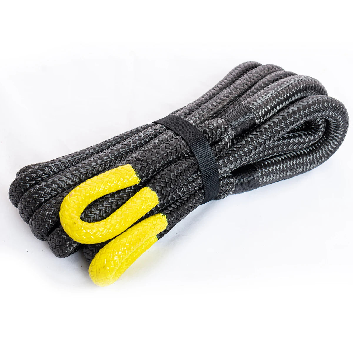 A coil of black heavy-duty nylon recovery tow rope with yellow markings is shown diagonally.