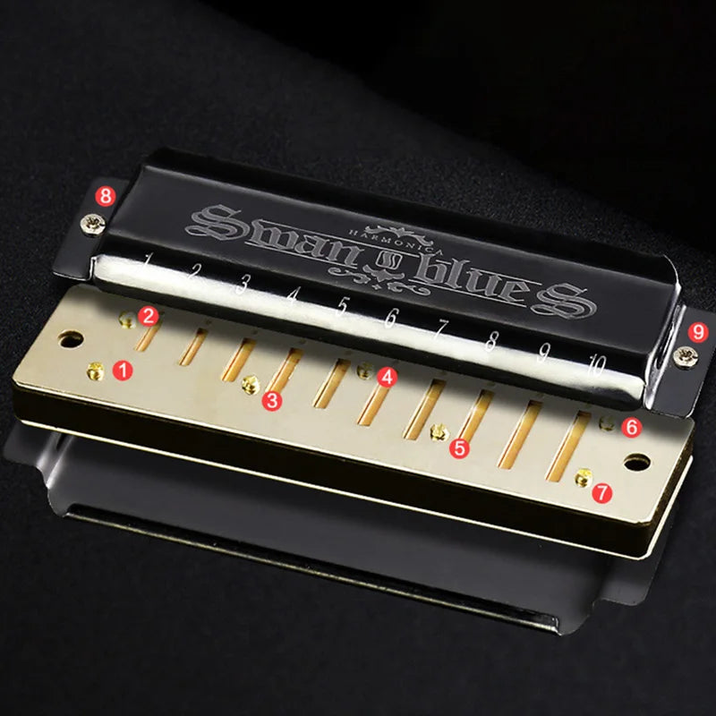 A black harmonica with ten holes and a case is shown, featuring numbered keys.