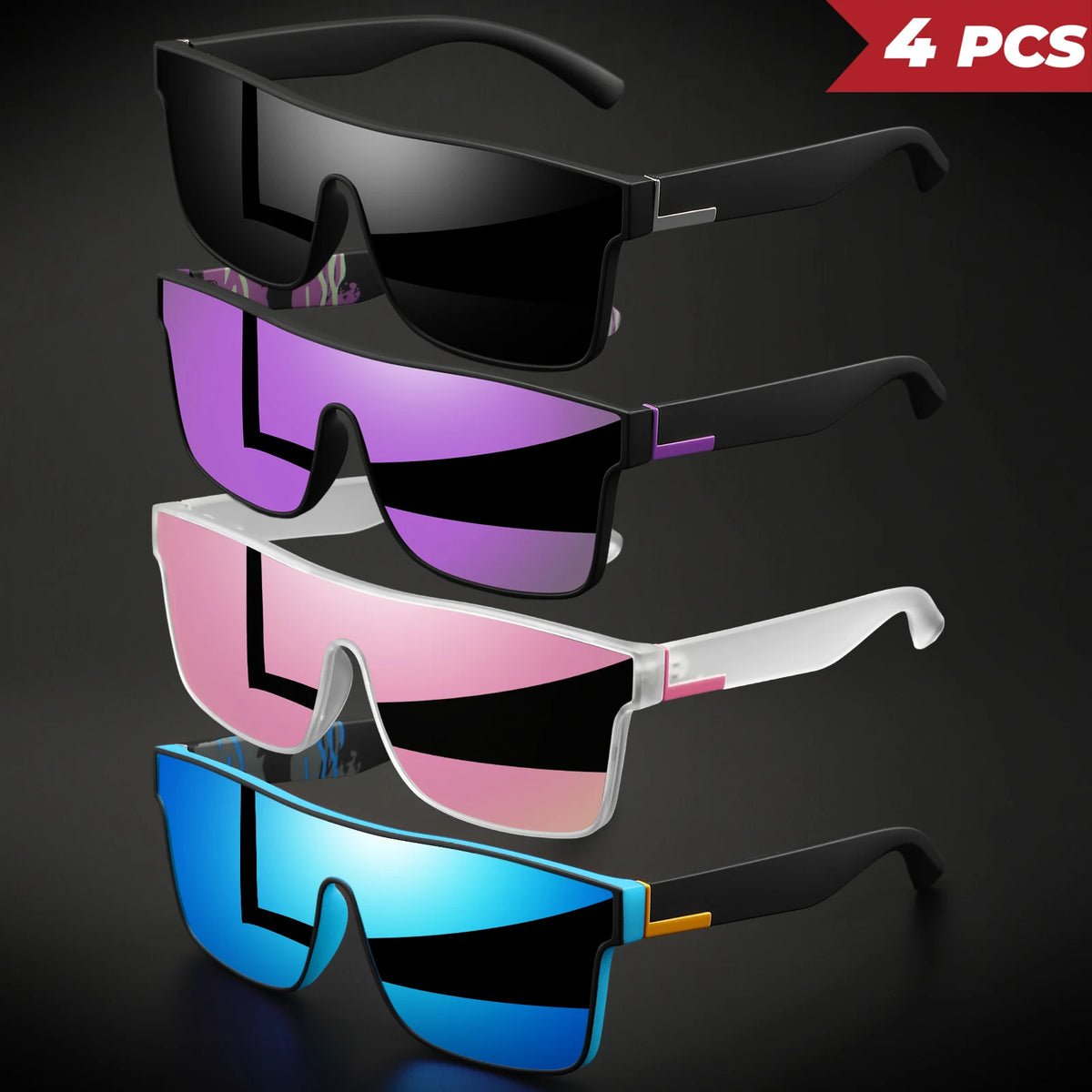 Four pairs of classic square sports sunglasses in various colors including black purple pink and blue.
