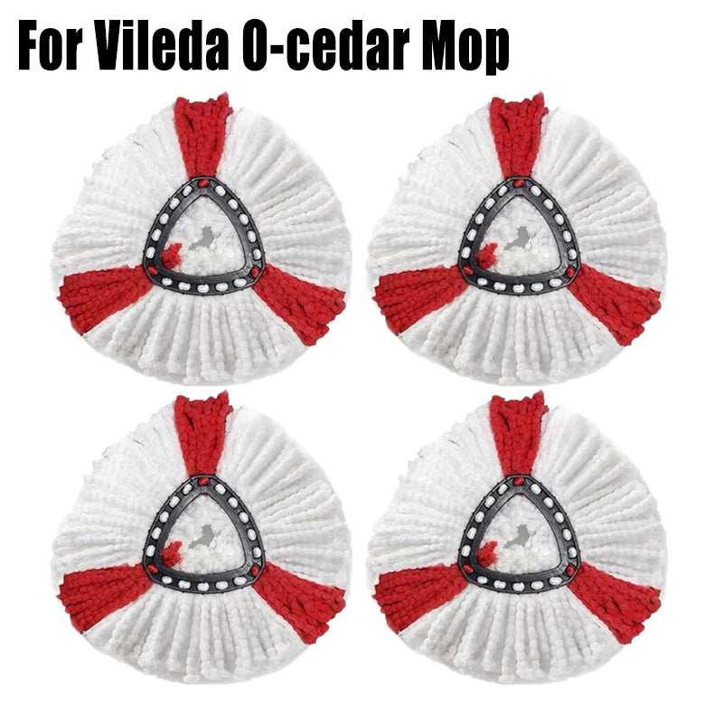 Four views of a white and red looped mop head replacement for Vileda O-cedar mop.
