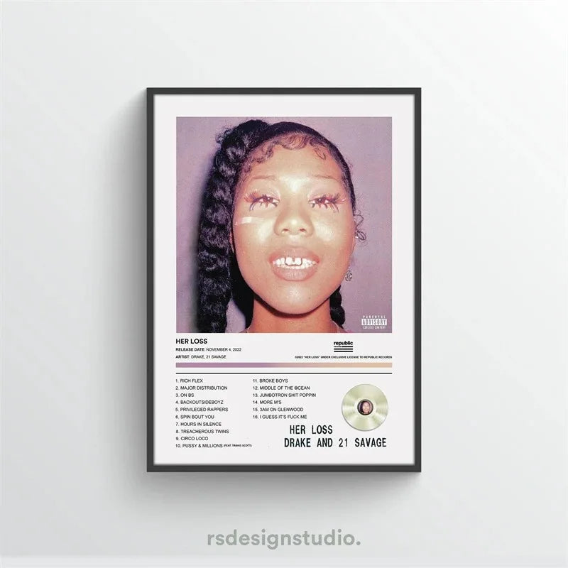 A framed print featuring the album art for Her Loss by Drake and 21 Savage.