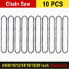 Ten replacement chainsaw blades arranged in a row for electric saws