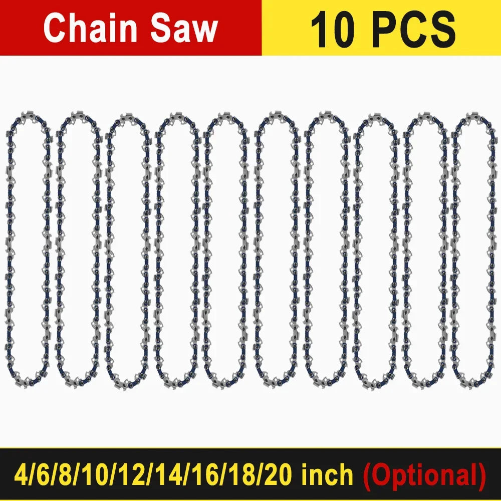 Ten replacement chainsaw blades arranged in a row for electric saws