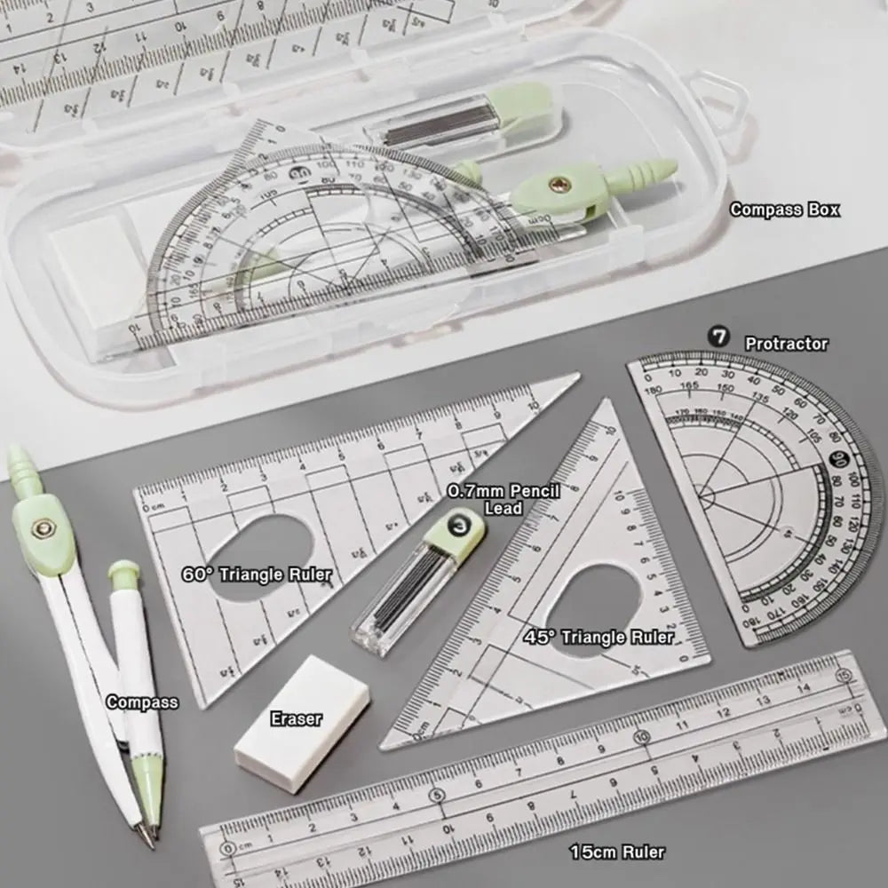 8-Piece Geometry Set – Transparent Rulers, Protractor, Compass & Eraser