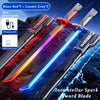 A glowing sword blade featuring a blaze red and cosmic gray design with a luminous border and spark effects.