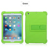 A lime green silicone protective case with a kickstand for an iPad Mini tablet.