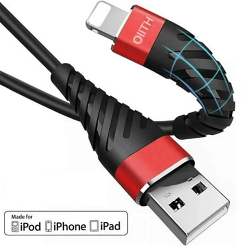 A red and black nylon braided fast charging cable with a USB connector for iPhone and iPad.