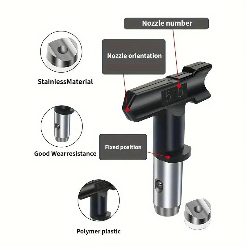 A set of reversible spray tips made of stainless material and polymer plastic for precision application.