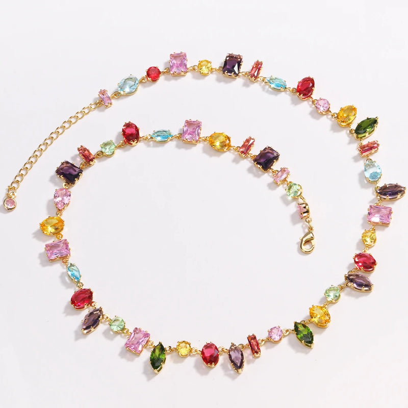 Colorful Crystal Choker Necklace with Gold Plating