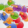 Colorful dry erase fly swat game cards for kids featuring blue, yellow, green, purple, and red shapes