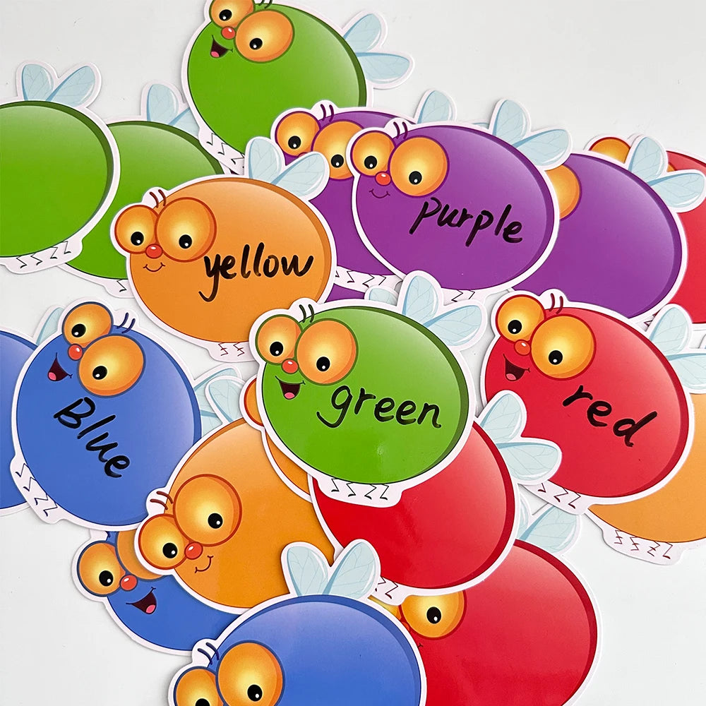 Colorful dry erase fly swat game cards for kids featuring blue, yellow, green, purple, and red shapes