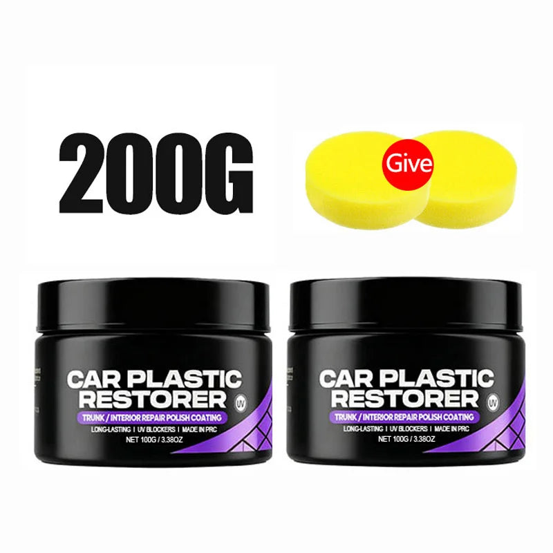 Two jars of Car Plastic Restorer for truck and interior repair polish coating with a yellow disc.