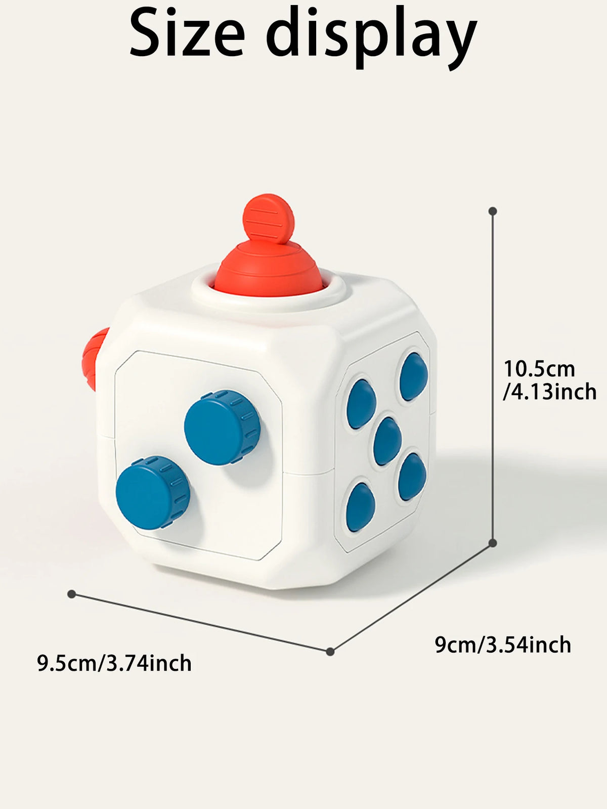 A white sensory ball toy with an orange top is shown from a top-down angle, displaying its size.