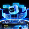 A close-up of a blue smart cube device with various tracking features displayed on a futuristic screen.