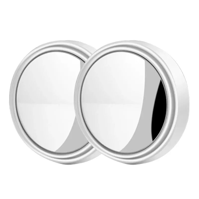A pair of round, silver-framed dual-lens car blind spot mirrors.