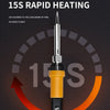 A close-up of a soldering iron tip with a digital display showing 15S rapid heating on a dark background.