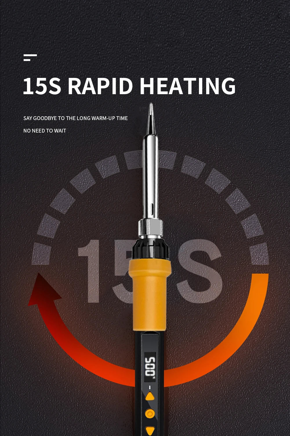 A close-up of a soldering iron tip with a digital display showing 15S rapid heating on a dark background.