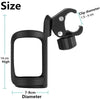 Black clip diameter bottle holder with a rectangular frame and rotating clamp for strollers, bikes, or wheelchairs
