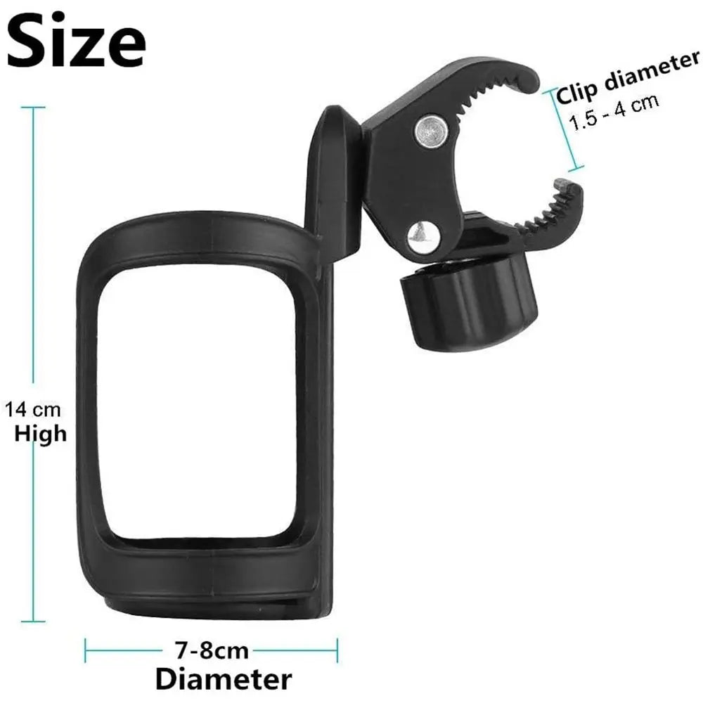 Black clip diameter bottle holder with a rectangular frame and rotating clamp for strollers, bikes, or wheelchairs