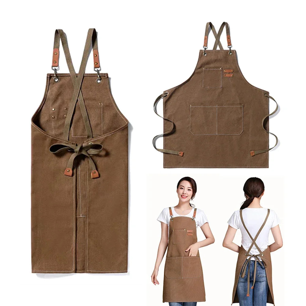 A brown canvas apron with straps and a large front pocket shown flat and worn by a woman.