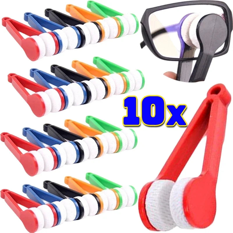 A set of 10 microfiber glasses cleaning tools in various colors and shapes for cleaning eyewear.