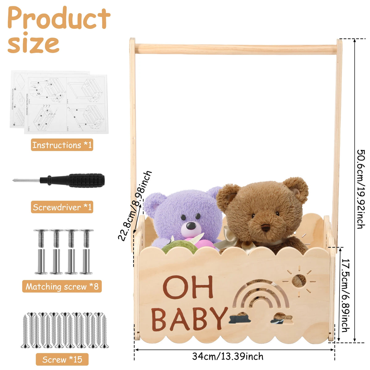 A wooden baby shower crate featuring a teddy bear and rainbow design, with accompanying instructions and screws.