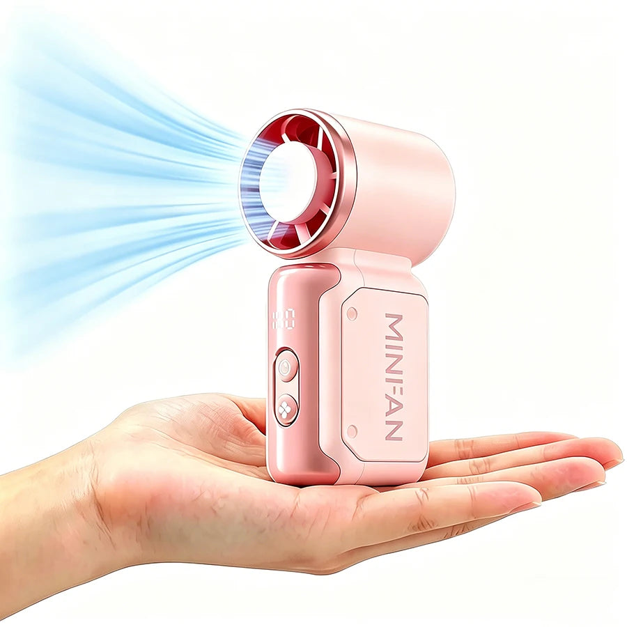 Pinker tragbarer Mini-Handventilator mit LED-Anzeige, der eine blaue Luftström ausstößt.