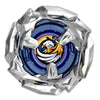 A silver metal spinning top with a blue and yellow design centered on the top.