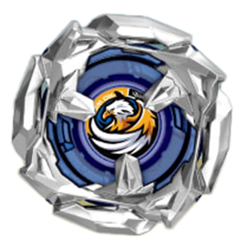 A silver metal spinning top with a blue and yellow design centered on the top.