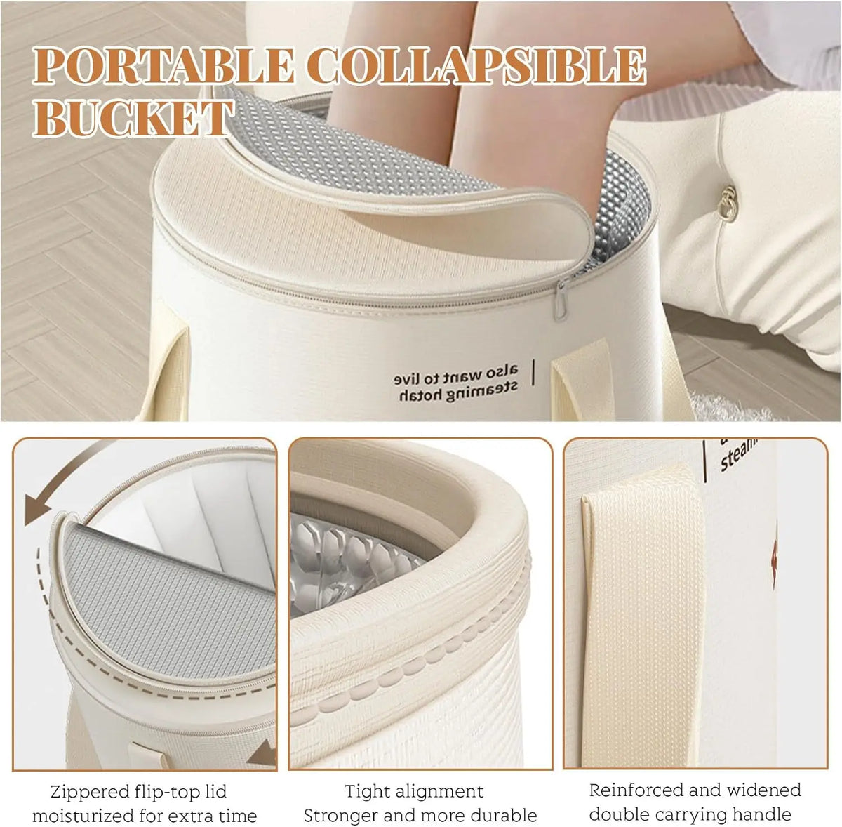 Portable collapsible bucket for feet with a lid and storage bag shown in a light beige color.