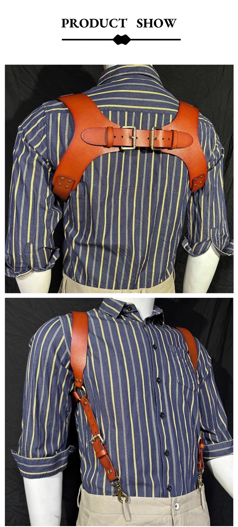 A man wearing a blue striped shirt with brown leather double shoulder suspenders.