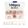 A clear plastic box containing 100 pieces of M4-M14 copper sealing washers and sump plugs.