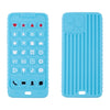 A light blue silicone baby teether toy shaped like a remote control with various buttons and features.