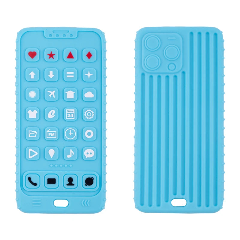 A light blue silicone baby teether toy shaped like a remote control with various buttons and features.