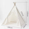 A white foldable play tent or teepee with a pitched roof and fabric curtains shown in a full view.