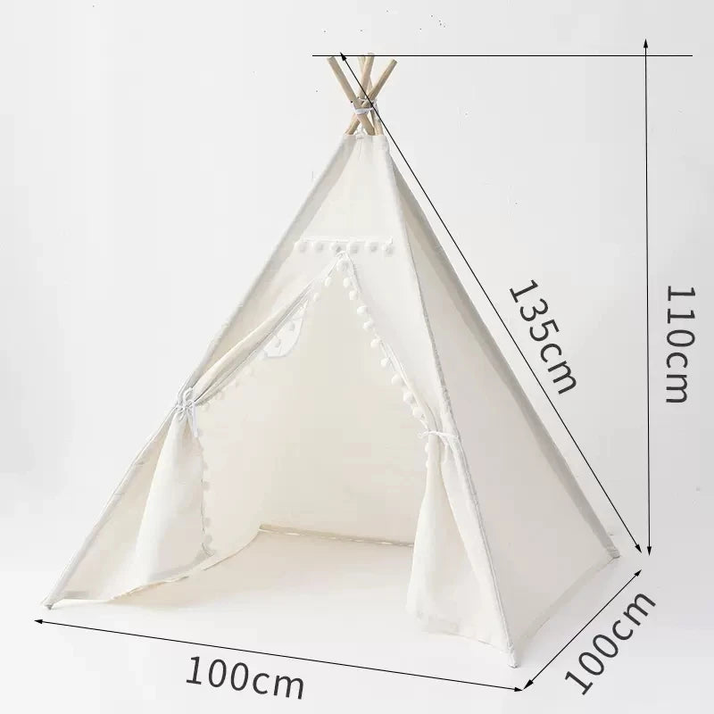 A white foldable play tent or teepee with a pitched roof and fabric curtains shown in a full view.