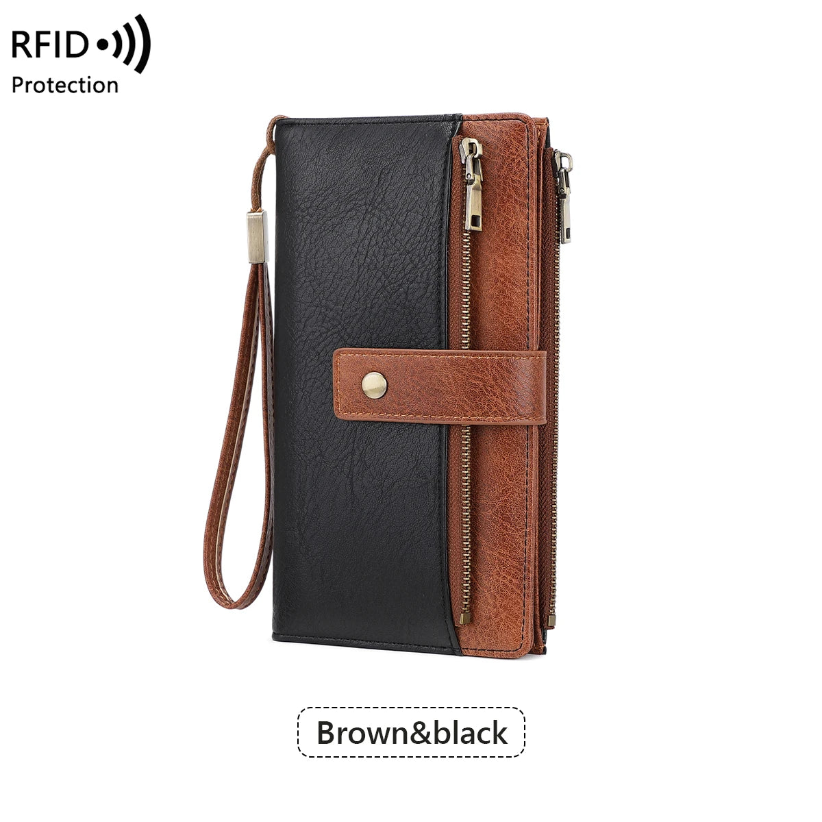 A brown and black leather bifold wallet with a zip-around closure and wristlet strap.