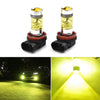 A pair of yellow LED fog light bulbs with silver and black bases, shown alongside a close-up of the light beam.