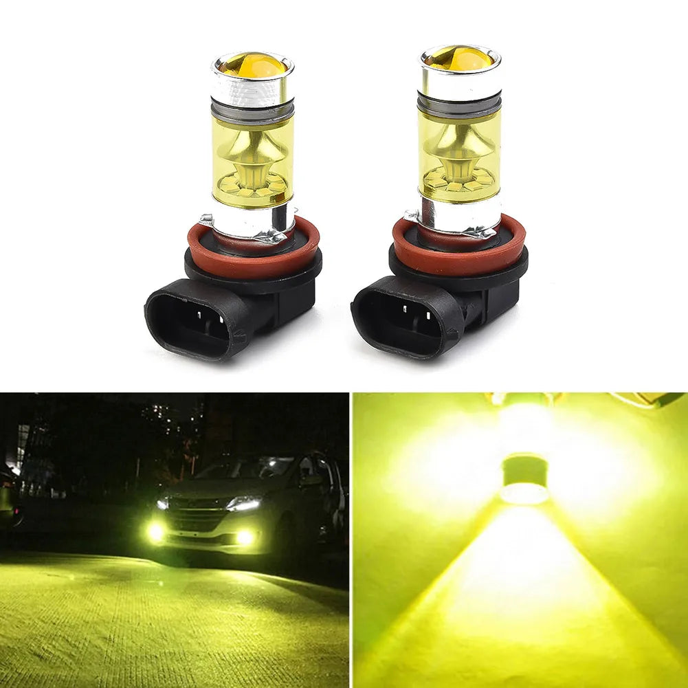 A pair of yellow LED fog light bulbs with silver and black bases, shown alongside a close-up of the light beam.