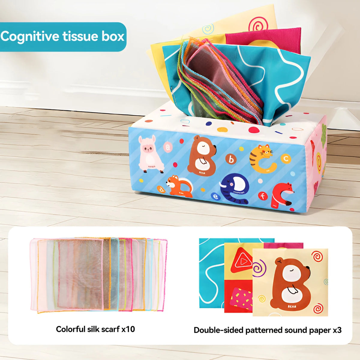 A box of colorful silk scarves and double-sided patterned sound paper for children
