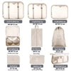 A set of travel packing cubes and storage organizer bags in beige and white.