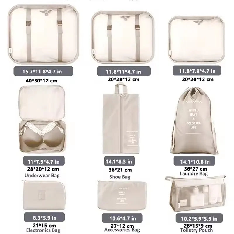 A set of travel packing cubes and storage organizer bags in beige and white.